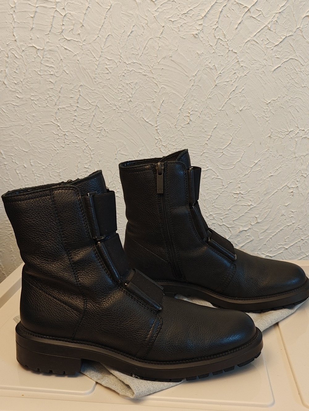 Aquatalia Black Leather Lug-Sole Combat Ankle Boots